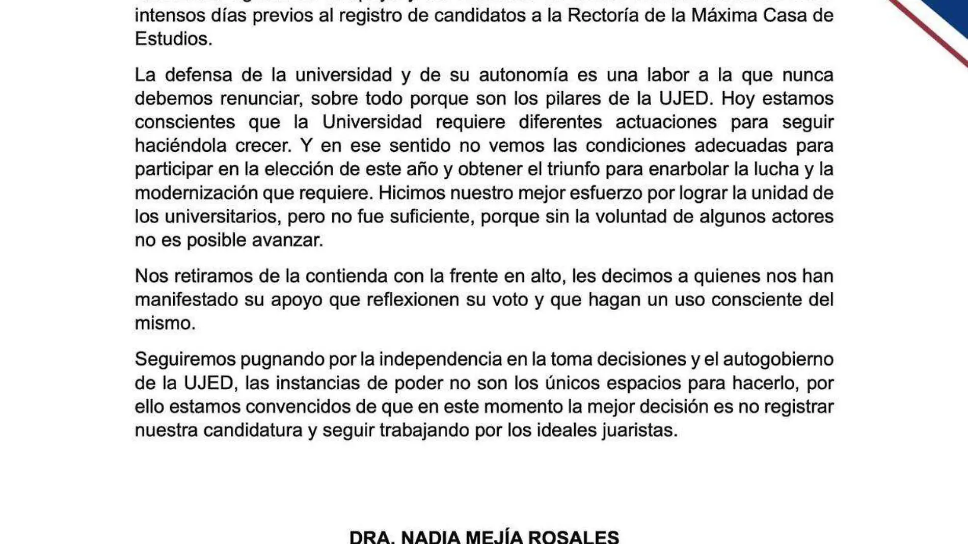 Renuncia Nadia Mejía a sus aspiraciones a la Rectoría de la UJED